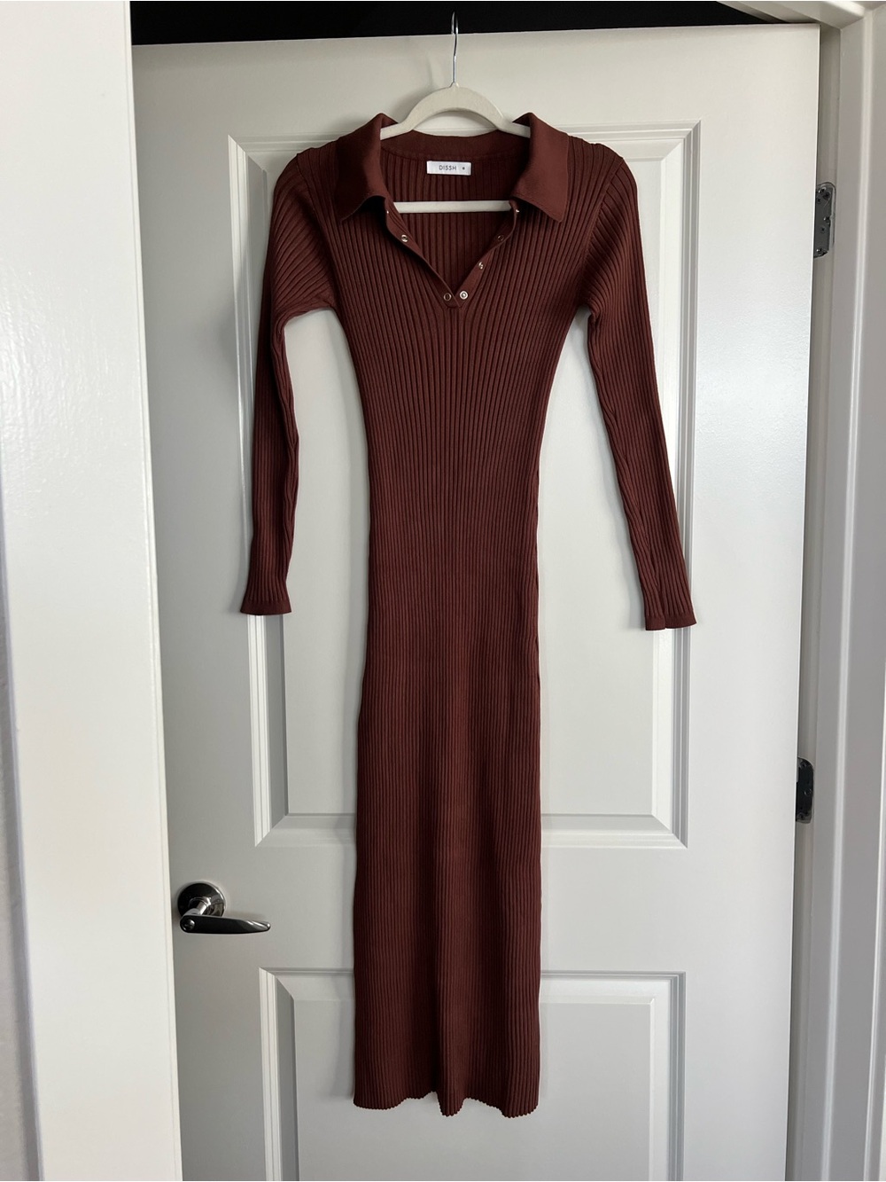 Dissh - Ribbed Long-Sleeve Midi Dress in Brown - Picture 4 of 6